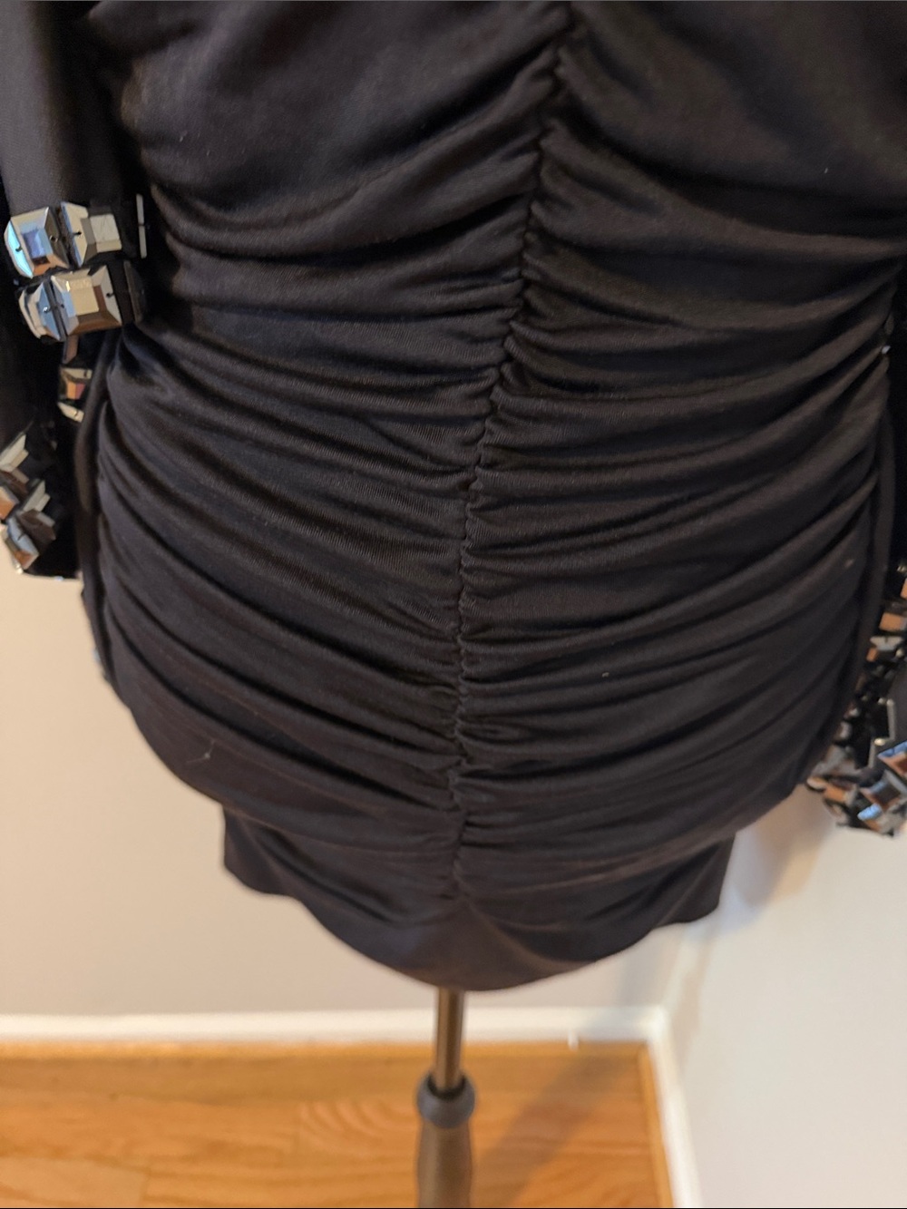 bebe Black V-Neck Ruched Top with Metallic Square Trim - Picture 4 of 6